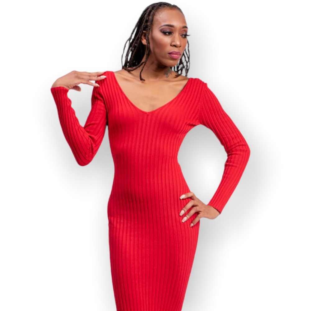 Classic Diva Red Long Sleeve Midi Dress